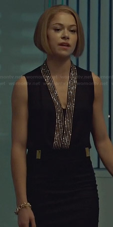 Rachel's black studded v-neck top on Orphan Black