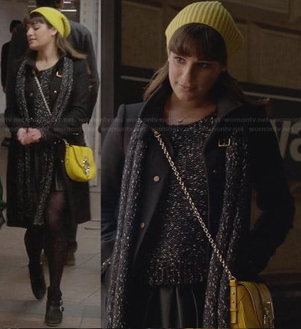 Rachel's marled knit sweater, yellow bag and ankle boots on Glee