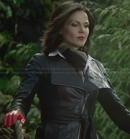 Regina's leather belted jacket and red leather gloves on Once Upon a Time