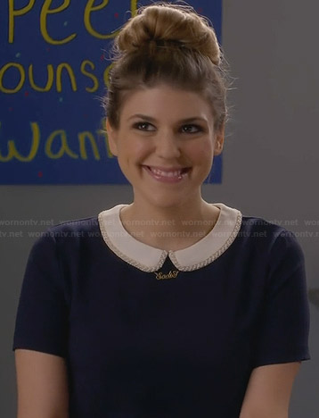 Sadie's navy blue peter pan collar top on Awkward