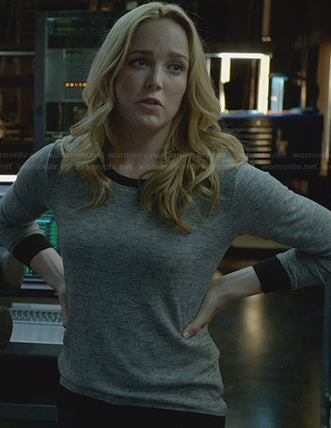 Sarah's grey sweater with black trim on Arrow