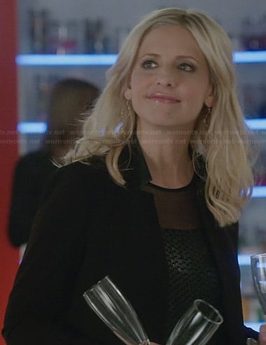 Sydney's black leather and chiffon top and leather collar jacket on The Crazy Ones