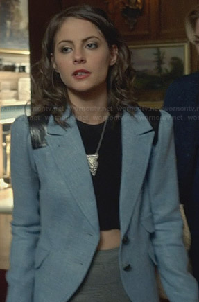 Thea's blue blazer with leather shoulders on Arrow
