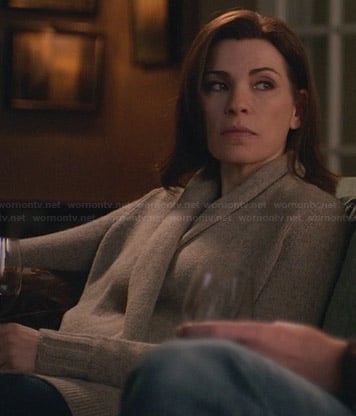 Alicia's beige draped front cardigan with cropped back on The Good Wife