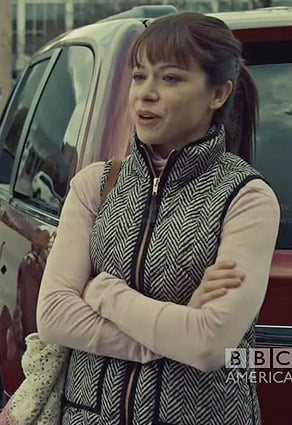 Alison's black and white herringbone print vest on Orphan Black
