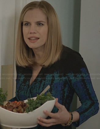 Amy's black, blue, and green printed wrap dress on Veep
