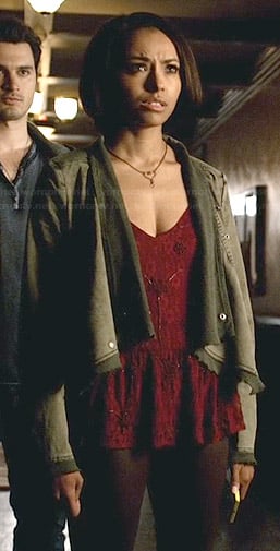 Bonnie's red beaded top, draped front jacket and heart necklace on The Vampire Diaries