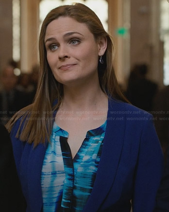 Brennan's blue and black printed split neck blouse on Bones