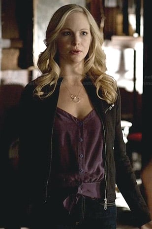 Caroline's purple tie front cami and black zip jacket on The Vampire Diaries