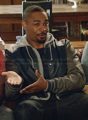 Coach's hooded leather varsity jacket on New Girl