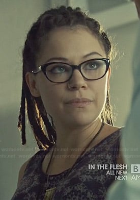 Cosima's purple lace-printed tank top on Orphan Black