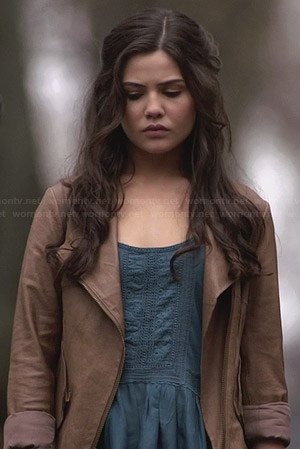 Davina's blue lace trim top and tan leather jacket on The Originals