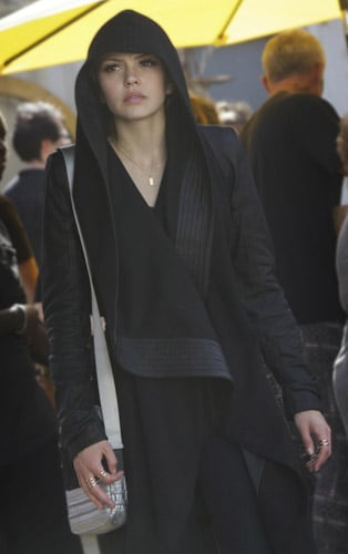 Emery's black hooded leather sleeve coat (borrowed from Sophia) on Star-Crossed