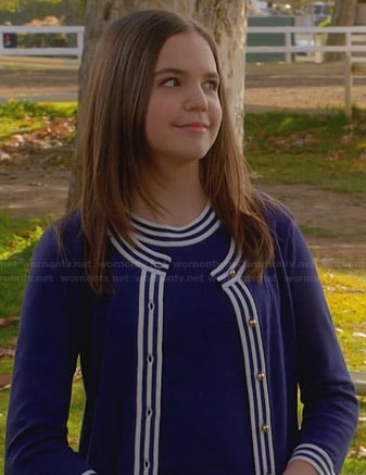 Hillary's blue striped trim cardigan and top on Trophy Wife
