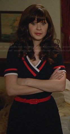 Jess's blue v-neck dress with red and white trim on New Girl