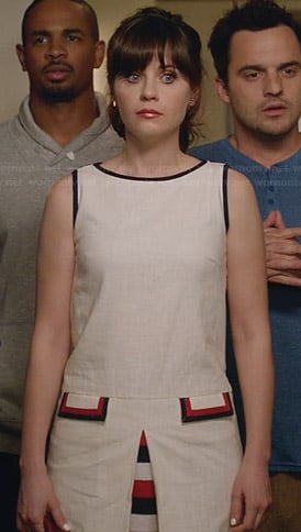 Jess's white dress with red and blue trim on New Girl