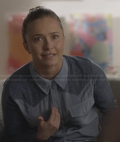 Juliette's blue printed shirt on Nashville