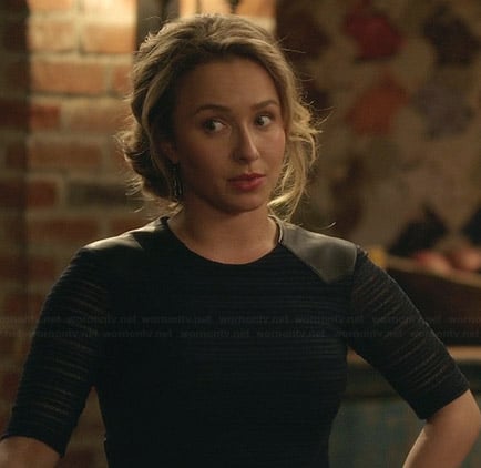 Juliette's navy striped top with leather shoulders on Nashville