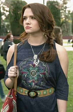 Karma's blue embroidered cold shoulder top on Faking It