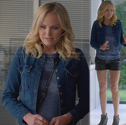 Kate's blue striped top and denim jacket and black ankle boots on Trophy Wife