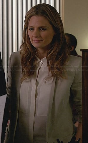 Kate's white front panel blouse and grey blazer on Castle