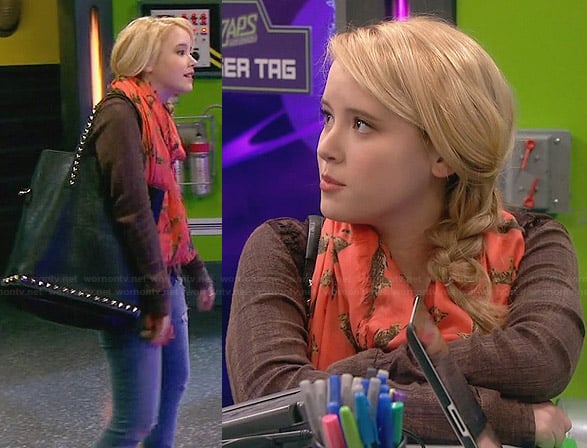 Lennox's brown lace panel shirt, orange leopard print scarf and studded tote bag on Melissa and Joey