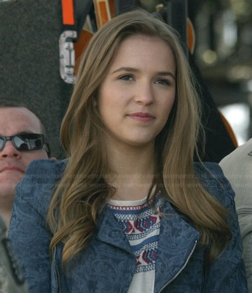 Maddie's embroidered top and blue printed jacket on Nashville