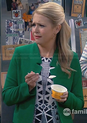 Mel's black and white embroidered dress and green jacket on Melissa and Joey