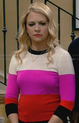Mel's orange, pink and cream colorblock sweater on Melissa and Joey