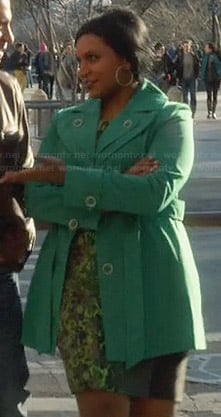 Mindy's green printed dress and green coat on The Mindy Project
