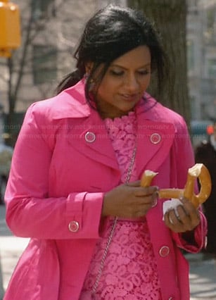 Mindy's pink lace dress and pink coat on The Mindy Project