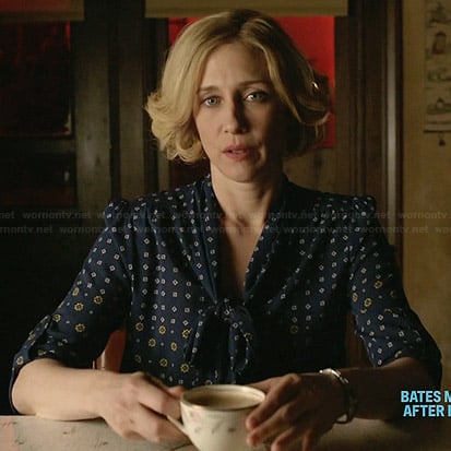 Norma's blue floral bow front blouse on Bates Motel