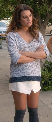 Rachel's light blue speckled sweater and white wrap skirt on Glee