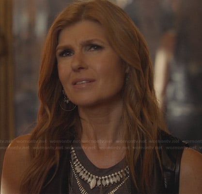 Rayna's grey bead embellished top and draped leather vest on Nashville