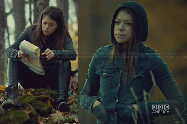 Sarah's black denim jacket and leather front jeans on Orphan Black