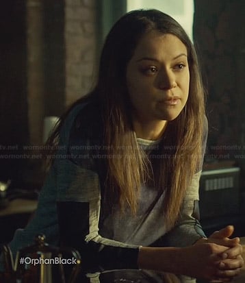 Sarah's grey printed front top with leather sleeves on Orphan Black
