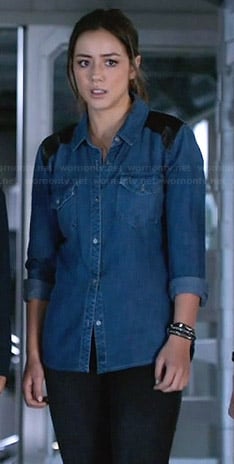 Skye's denim shirt with leather shoulders on Agents of SHIELD