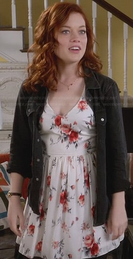 Tessa's white floral v-neck dress with lace trim on Suburgatory