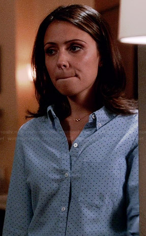 April's blue pin dot print shirt on Chasing Life