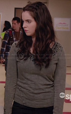 Bay's grey crochet long sleeved top on Switched at Birth