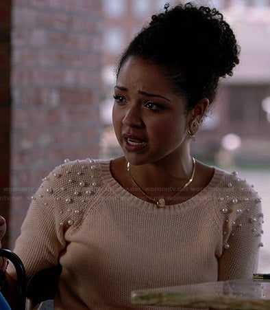 Beth's pearl shoulder sweater on Chasing Life