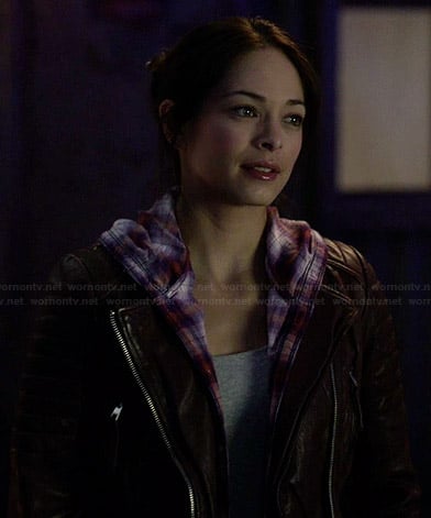 Cat's flanel hooded shirt and burgundy leather jacket on Beauty and the Beast