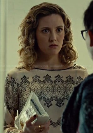 Delphine's blush pink lace printed top on Orphan Black