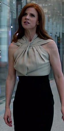 Donna's beige and black twist neck dress on Suits