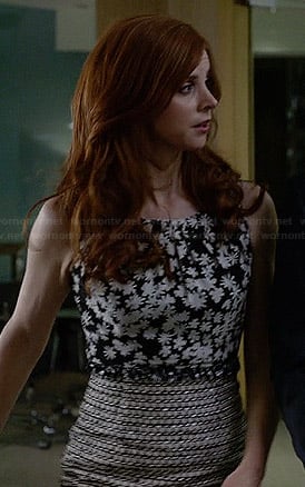 Donna's black and white floral top and tweed skirt on Suits