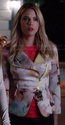 Hanna's pink cutout sweater and floral asymmetric jacket on Pretty Little Liars
