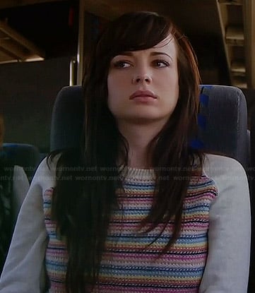 Jenna's cream sweater with multi colored stripes on Awkward