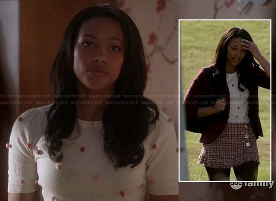 Lacey's bobble sweater and tweed mini skirt on Twisted