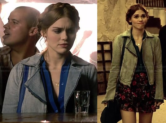 Lydia's blue contrast trim top, denim jacket and floral skirt on Teen Wolf