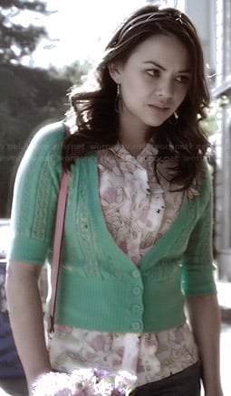 Mona's green cropped pointelle cardigan and floral shirt on Pretty Little Liars